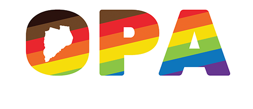 Otsego Pride Alliance Logo. The letters O P A, with Otsego county cut out of the O. The are red, orange, yellow, green, blue, purple, browna and black stripes.