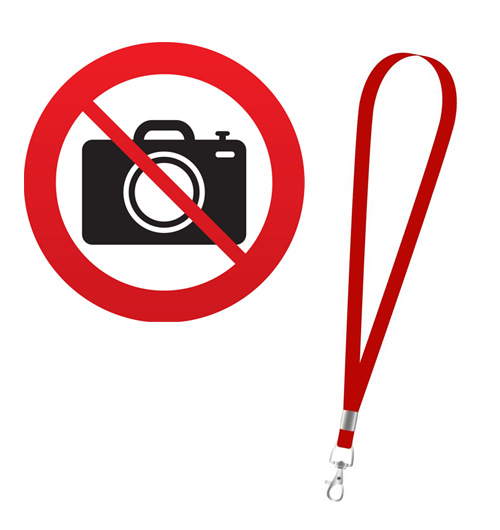 Person wearing a red lanyard with a bold No symbol over the image.